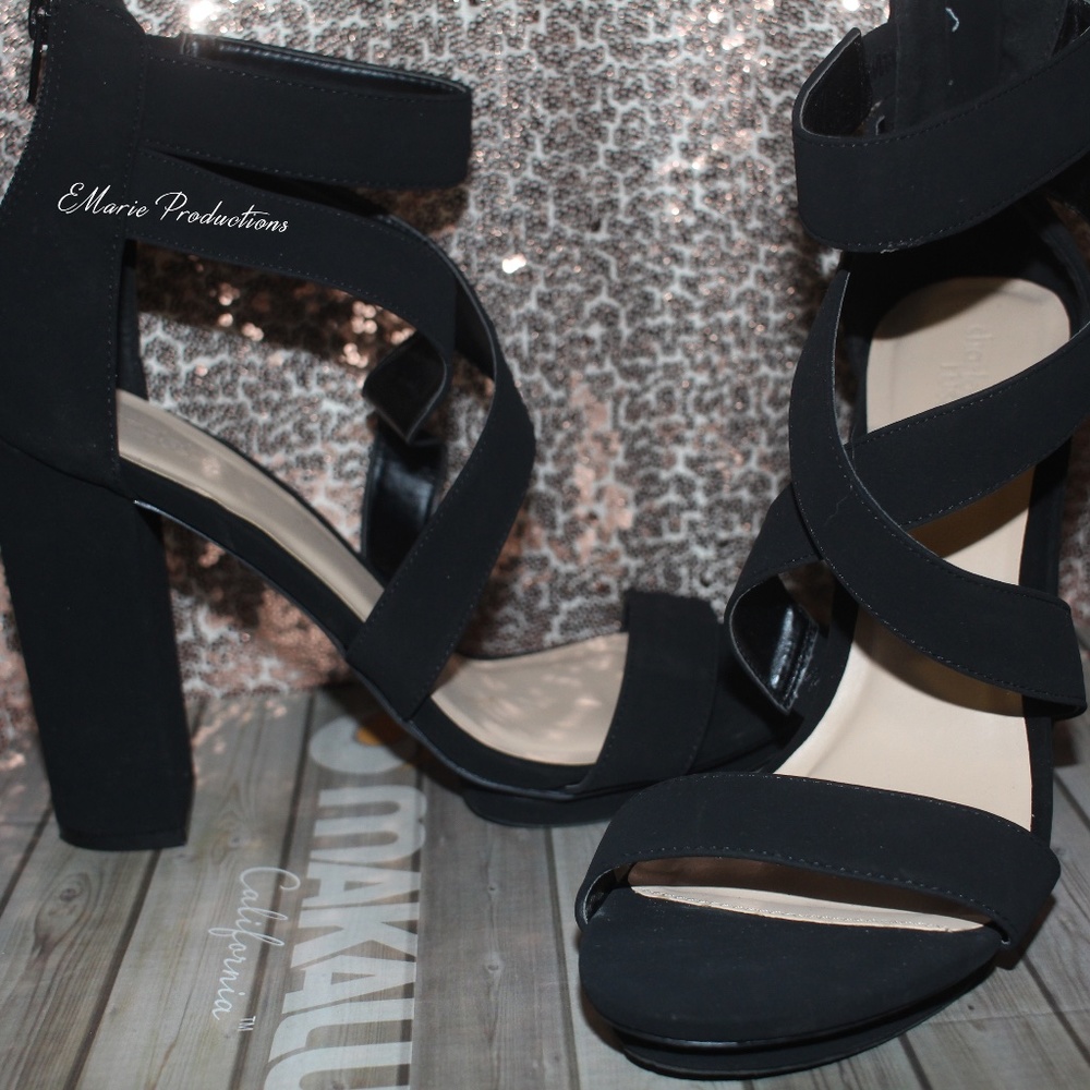 Crossover Strap Block Heels - Black - Size 10